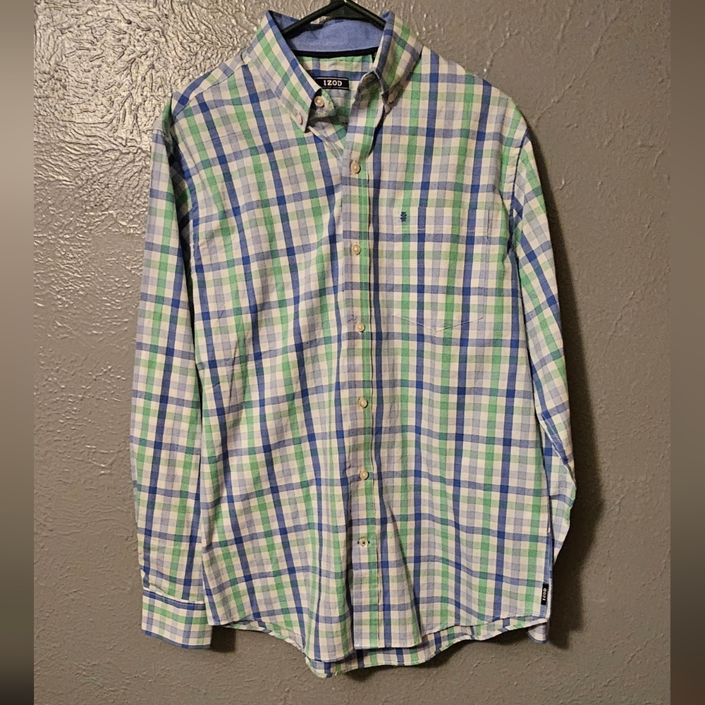 IZOD Men's Blue and Green Plaid Shirt